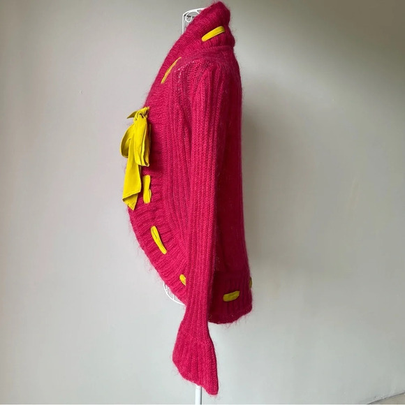 Trina Turk open from cardigan mohair blend silk bow pink yellow cowl neck size S - Picture 5 of 9